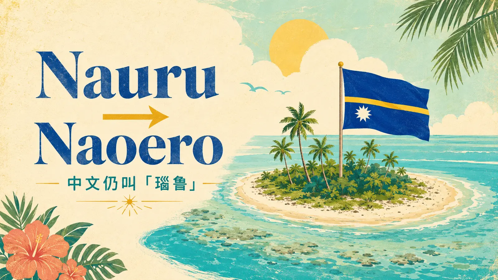 瑙鲁国名从Nauru更改为Naoero，南太平洋珊瑚岛与国旗插画