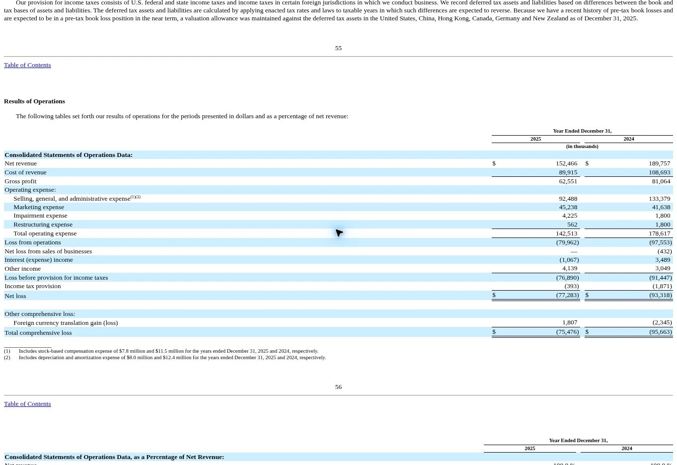 Allbirds 2025 Form 10-K财务表显示收入1.52466亿美元、营销费4523.8万美元和净亏损7728.3万美元